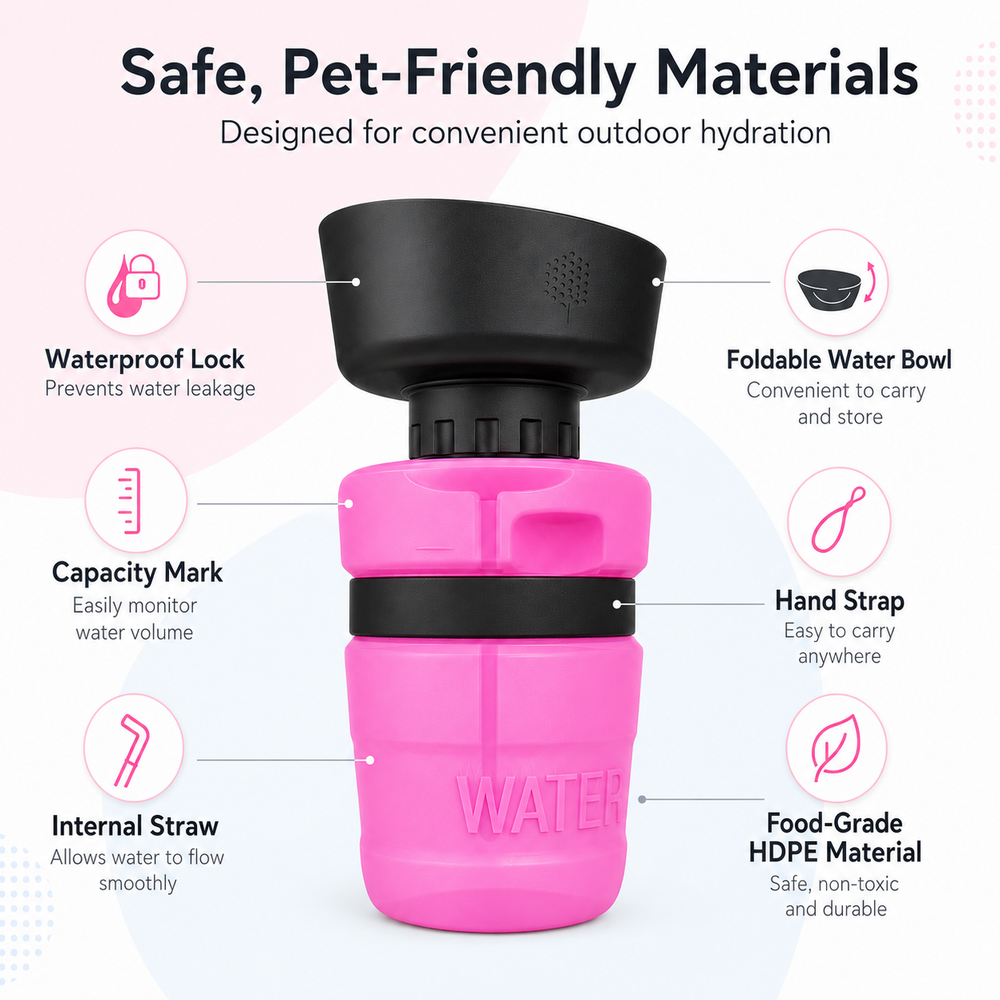 Foldable Dog Travel Water Bottle with Built-In Bowl, Leak-Resistant 520ml Portable Pet Water Dispenser