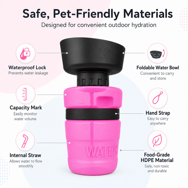 Foldable Dog Travel Water Bottle with Built-In Bowl, Leak-Resistant 520ml Portable Pet Water Dispenser