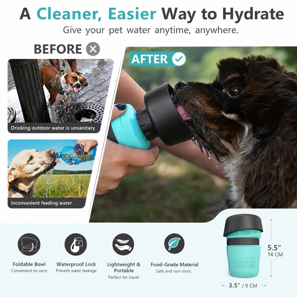 Foldable Dog Travel Water Bottle with Built-In Bowl, Leak-Resistant 520ml Portable Pet Water Dispenser